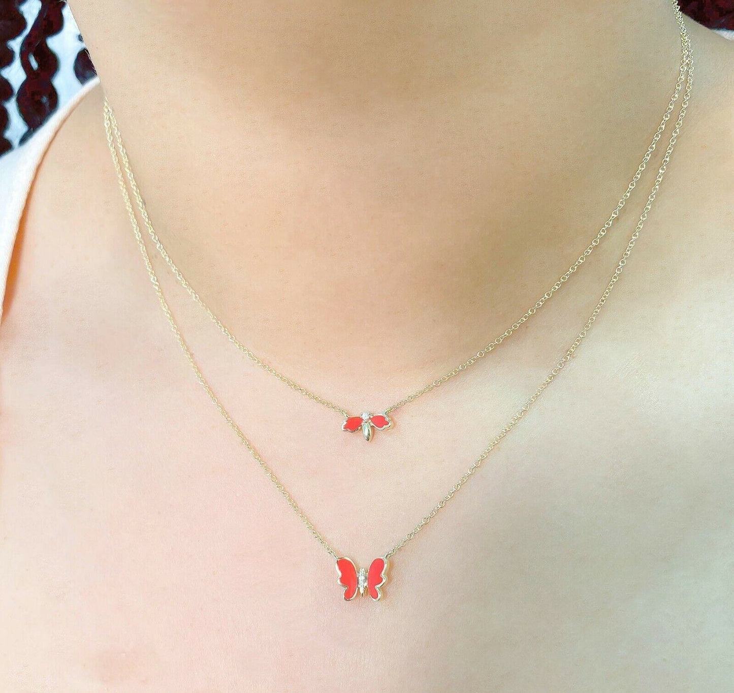 14K Yellow Gold Red Enamel Diamond Butterfly Pendant Necklace