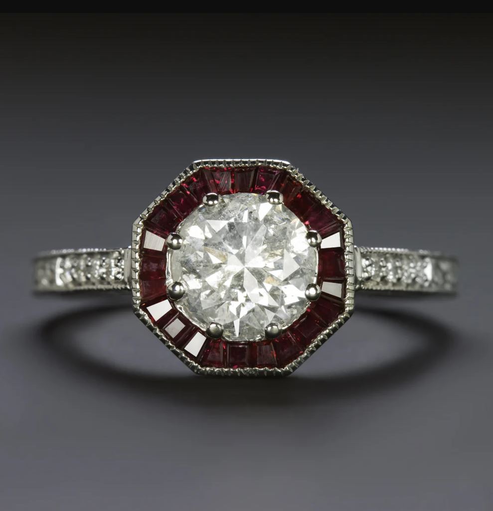 Custom made 14k white gold diamond and ruby ring Art Deco Inspired