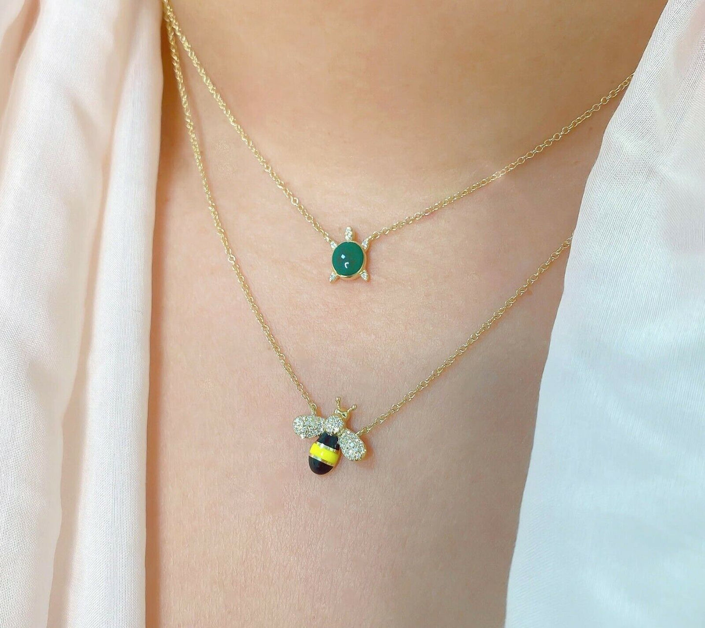 14K Gold Diamond Green Enamel Turtle Pendant Necklace