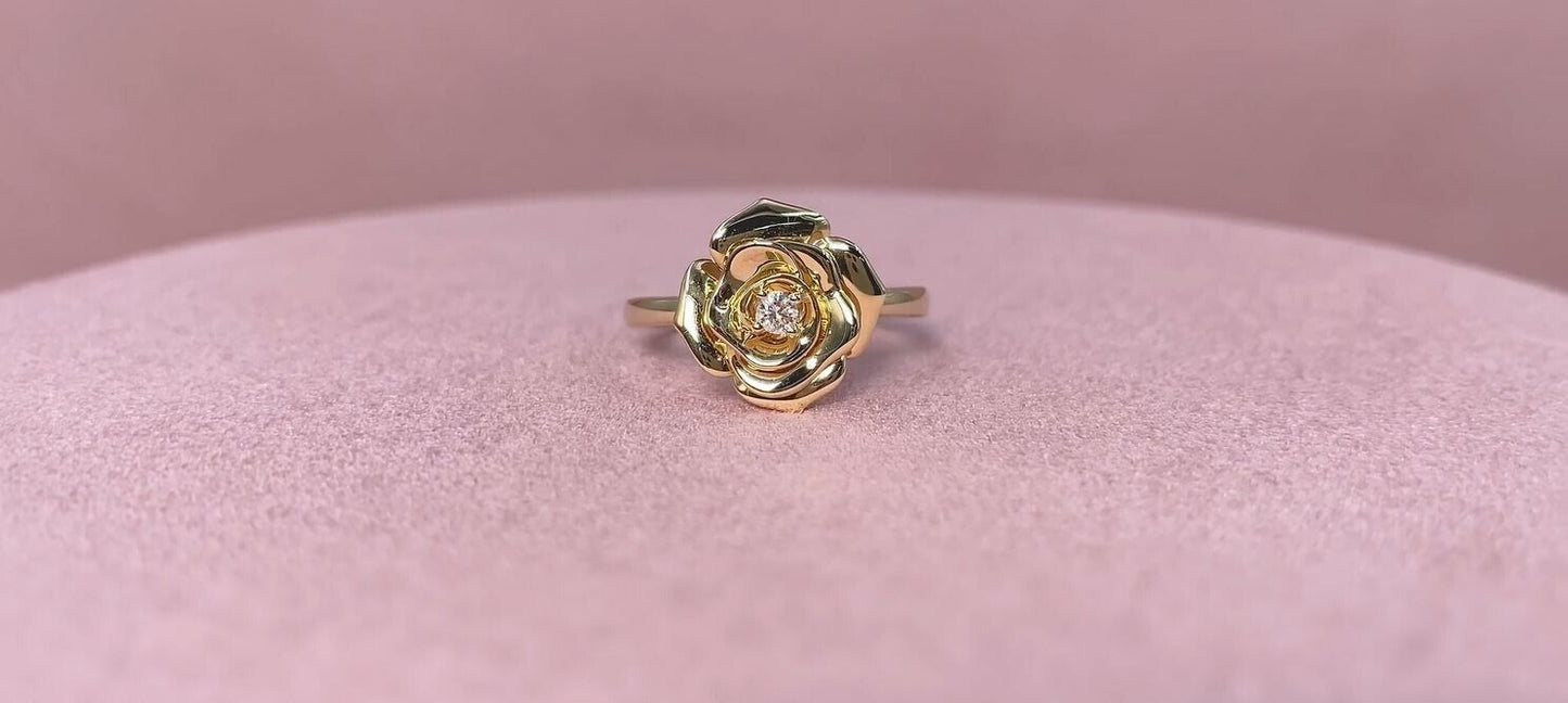 14CT Yellow Gold 0.07 CT Round Cut Diamond Rose Flower Ring