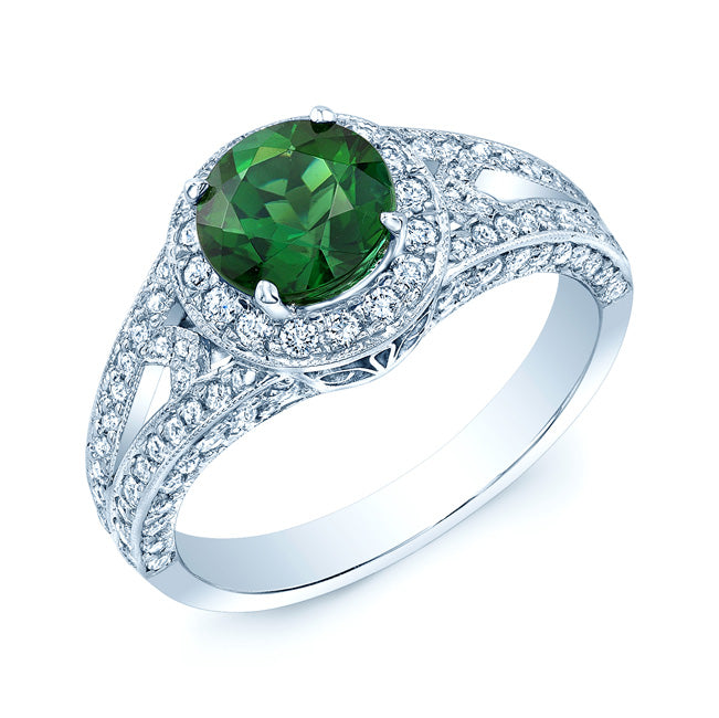 Green Tourmaline Diamond Platinum Ring 2.28 TCW Round Cut Certified Natural
