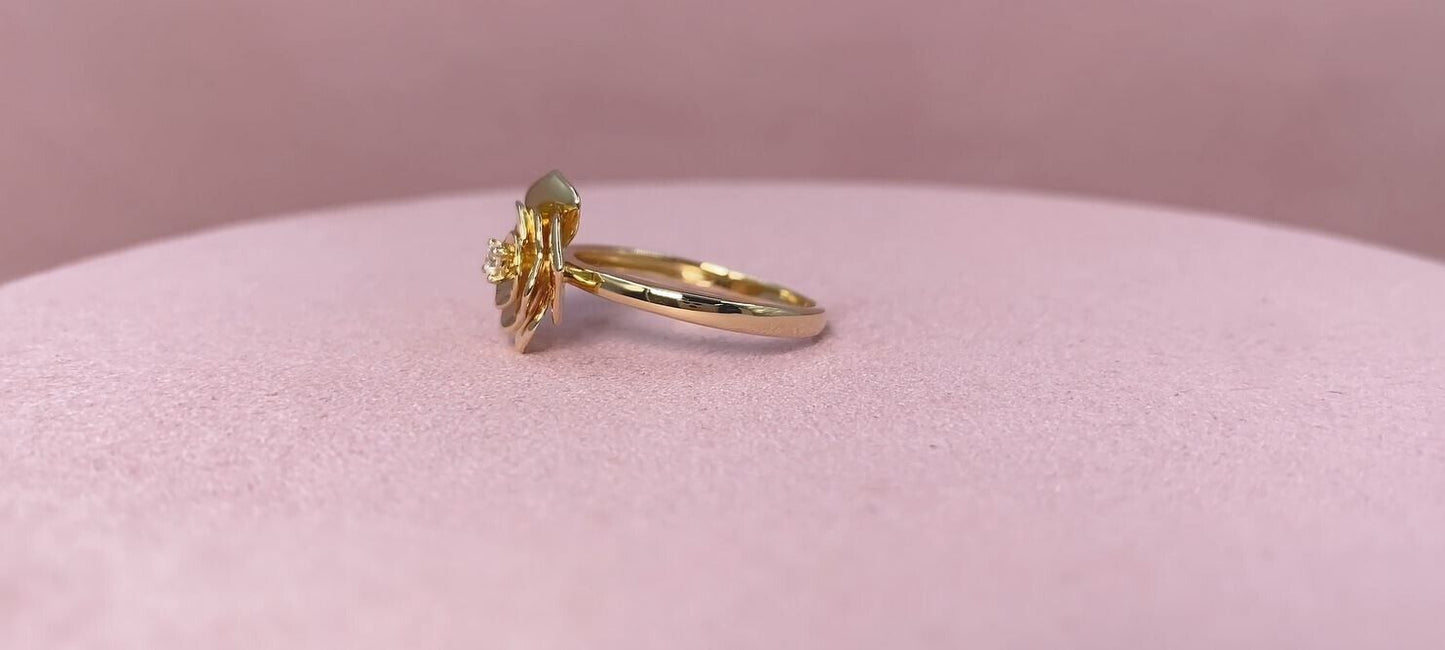 14CT Yellow Gold 0.07 CT Round Cut Diamond Rose Flower Ring