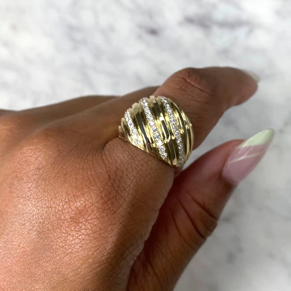 14K Gold Diamond Wide Dome Ring