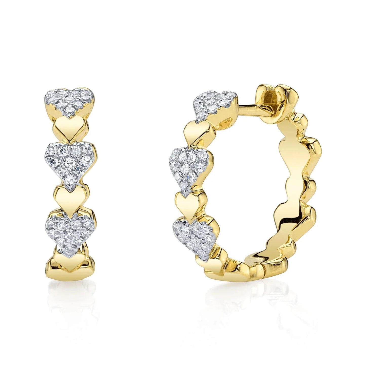 Diamond Heart Huggie Earrings 14K Yellow Gold Pave Set Natural 0.12 CT Certified0