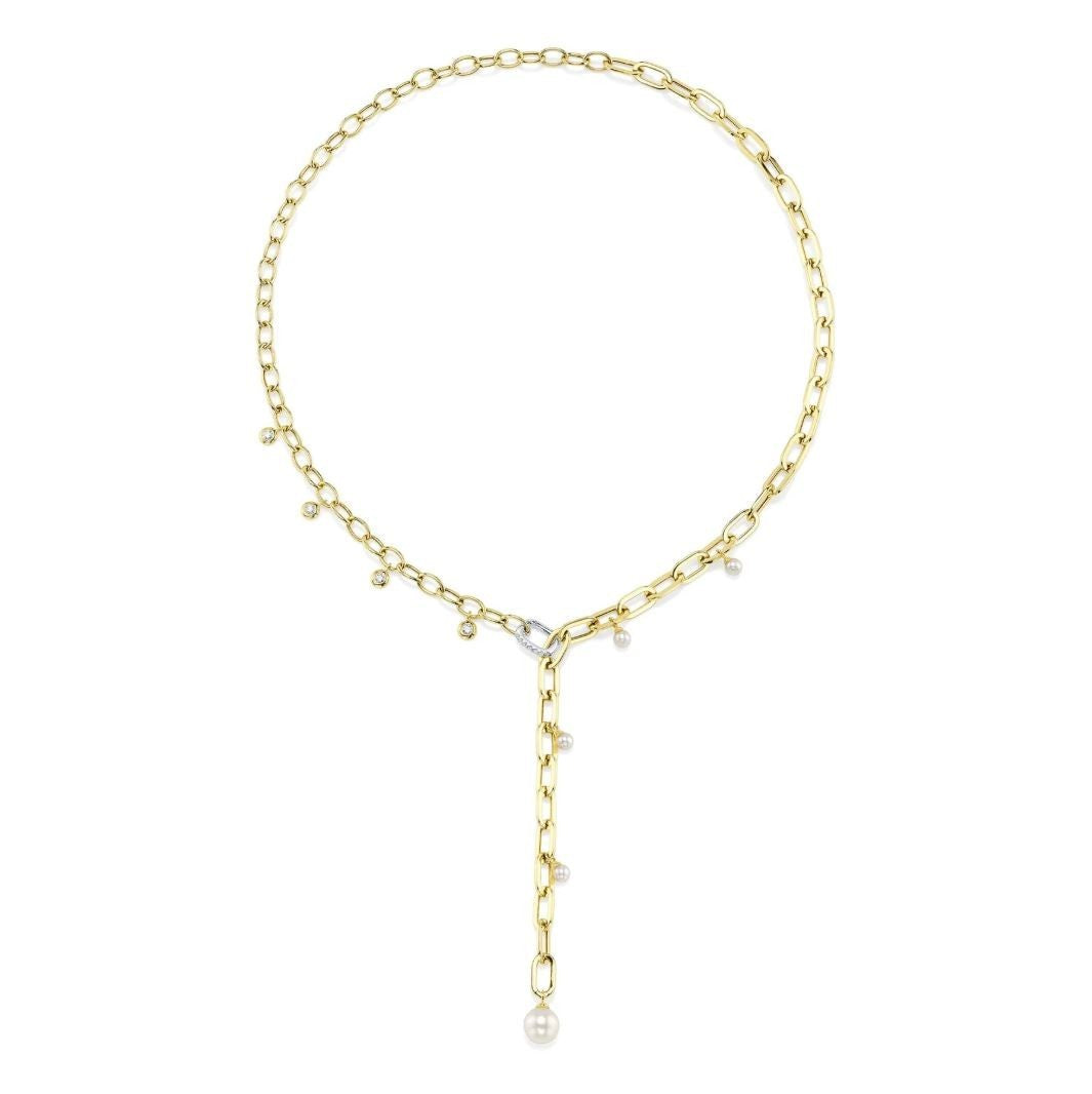 Diamond Pearl Paper Clip Link Necklace 14K Yellow Gold 0.26 CT Natural0