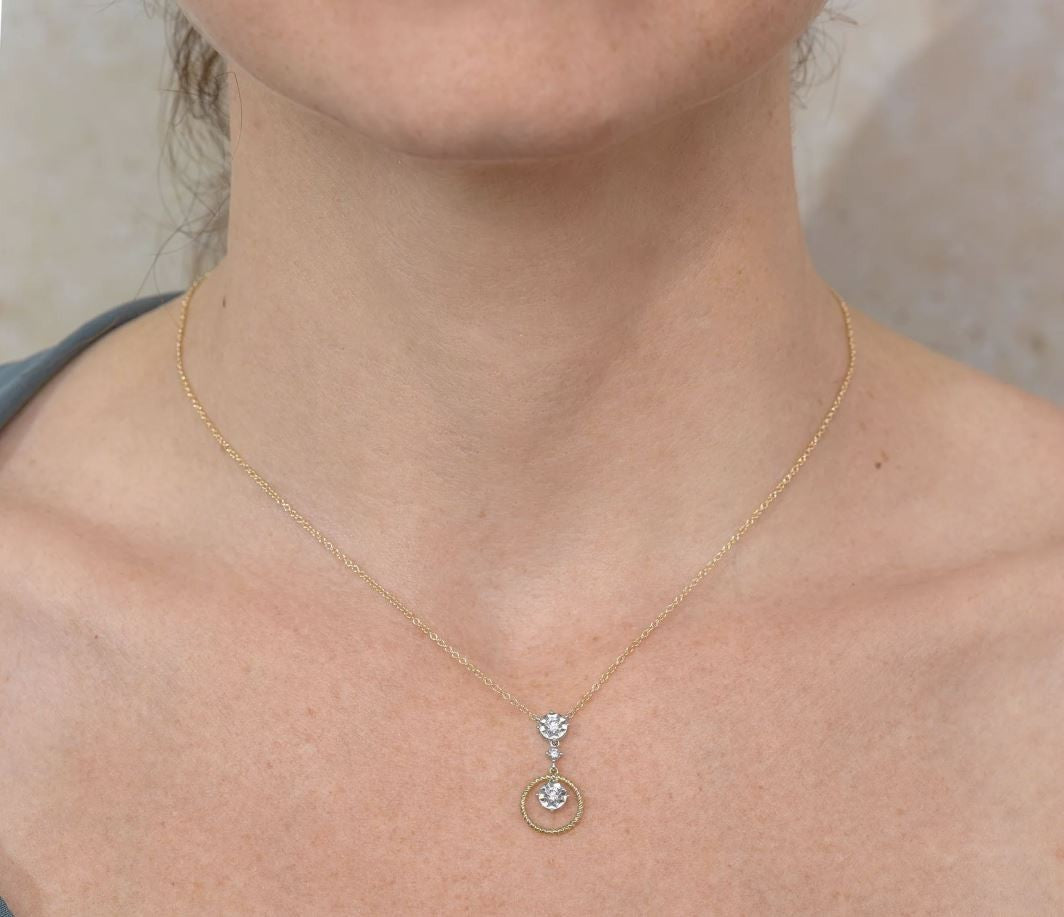14K Gold Diamond Dangling Dangle Necklace Circle Moving Pendant Natural 0.27CT1