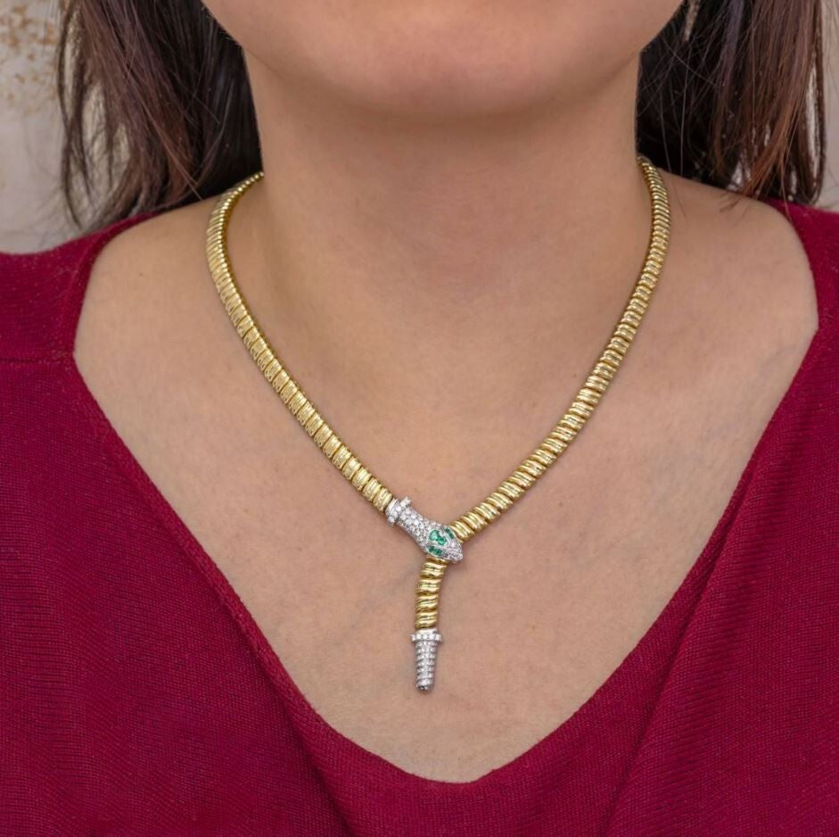 Diamond Snake Necklace 14K Yellow Gold Ribbed Emerald Eyes 1.10 CTW Natural1