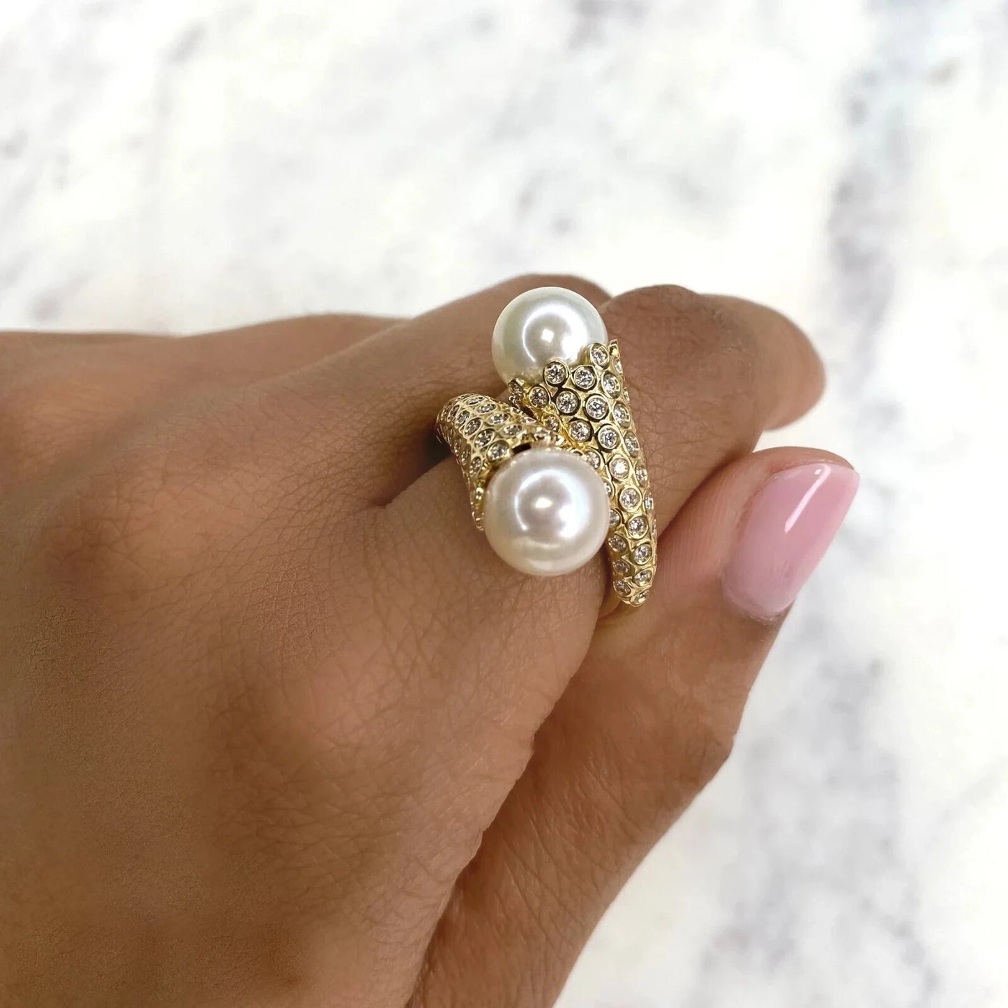 14K Yellow Gold Pearl Diamond Ring 1.00 CTW Cocktail Bypass Right Hand1
