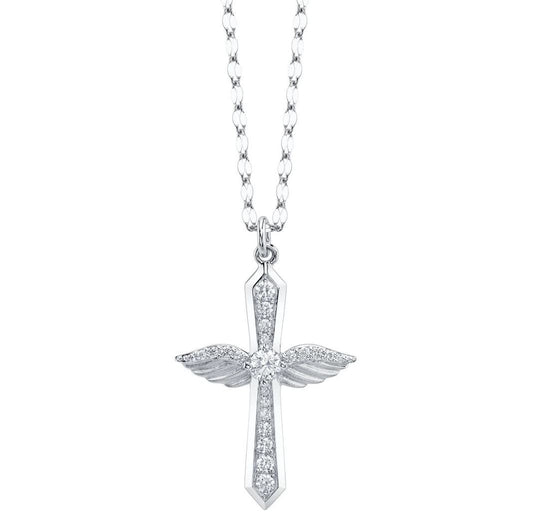 Diamond Angel Wing Cross Necklace 14K White Gold Matte 0.34CT Natural Certified0