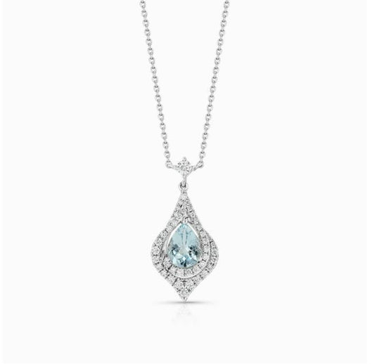 Aquamarine Diamond Teardrop Pear Necklace 14K White Gold Natural 1.51 CTW0