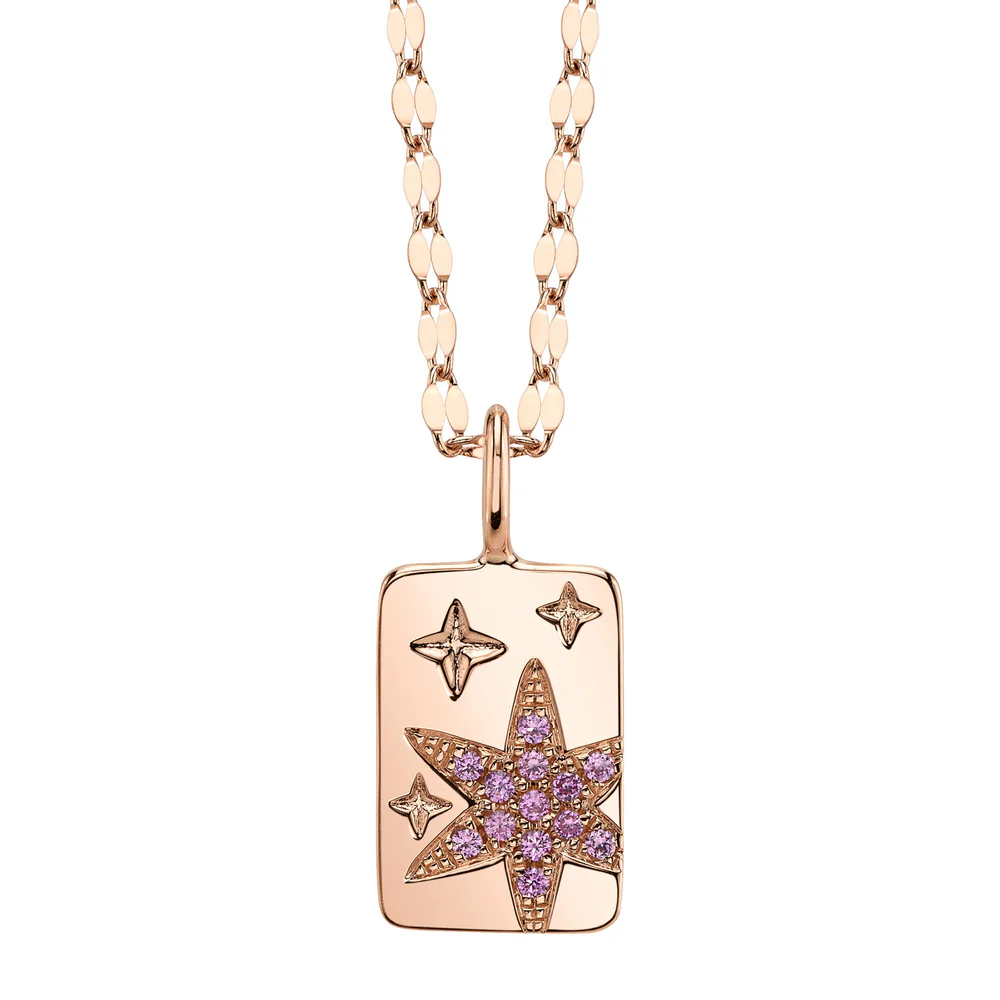 Pink Sapphire Star Dog Tag Pendant Necklace 14K Yellow Gold Natural 0.10CT2
