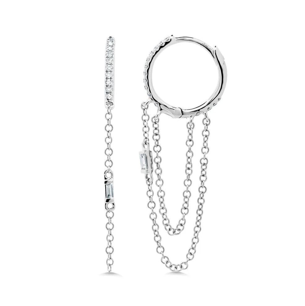 Diamond Chain Earrings 14K White Gold Baguette Cut Natural 0.18 CT Dangling Drop1