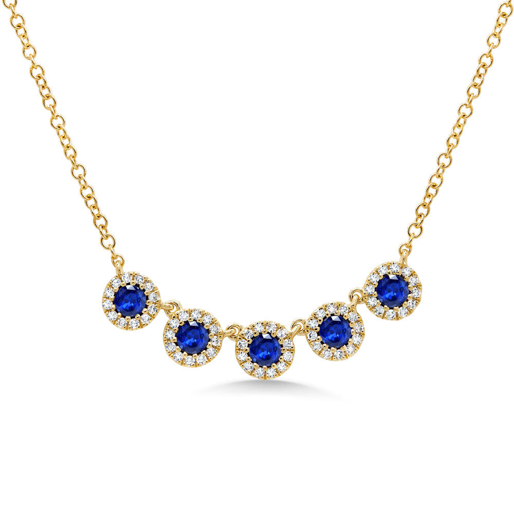 Blue Sapphire Diamond Necklace 14K Yellow Gold 5 Stone Station Pendant 0.65TCW0