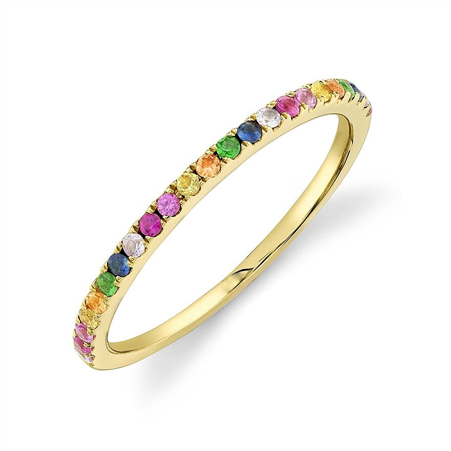 14K Gold Rainbow Gemstone Band Ring Multi Color Thin Natural Round 0.28CT Size 50