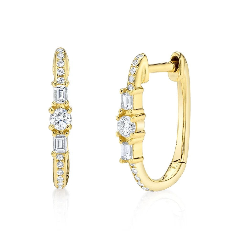 Diamond Rectangle Hoop Earrings 14K White Gold Baguette Round Cut Natural2