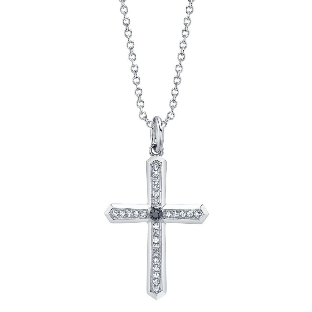 Black White Diamond Cross Pendant Necklace 14K Yellow Gold Natural1