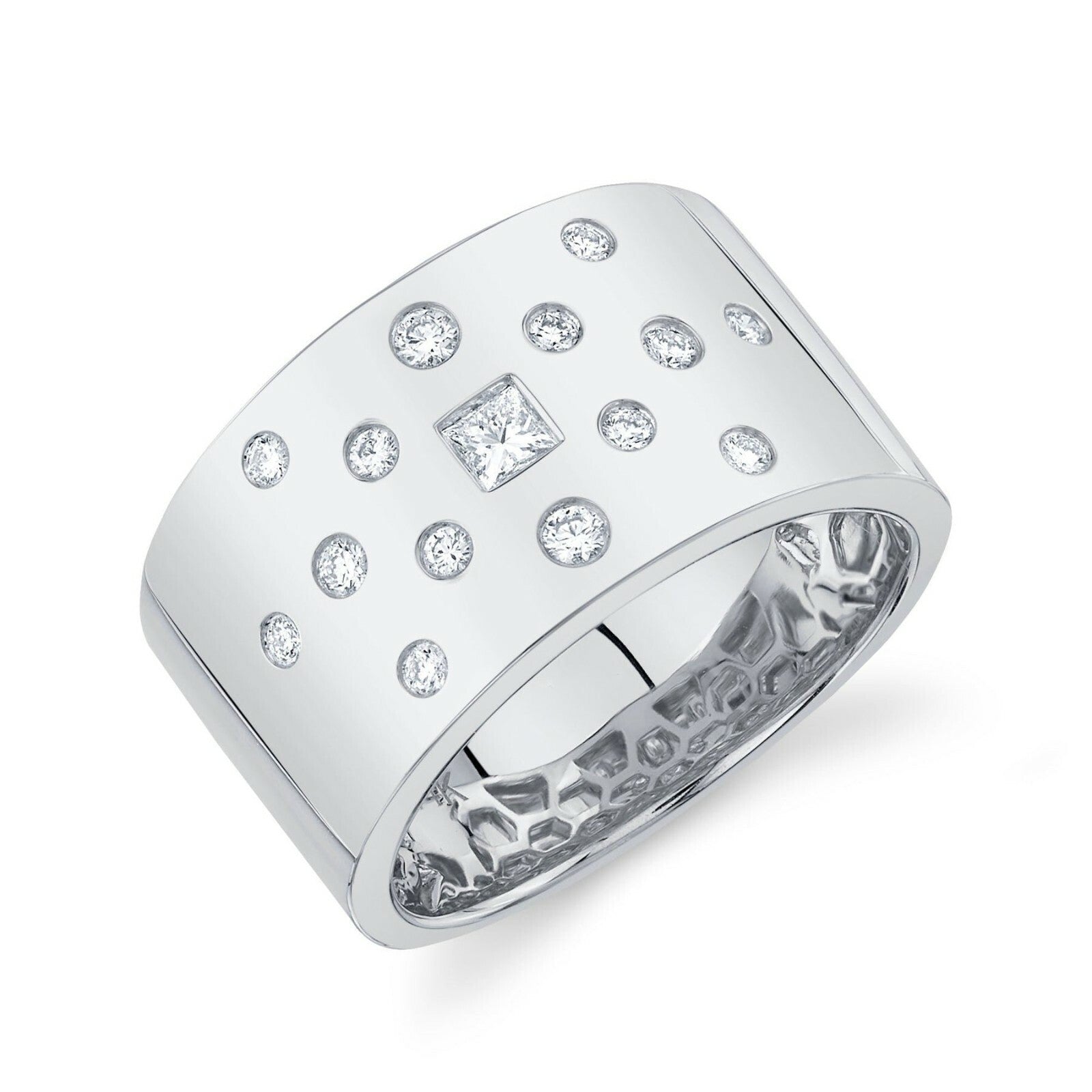 Diamond Wide Cigar Ring Band 14K White Gold Cocktail Bezel Set Floating Princess0