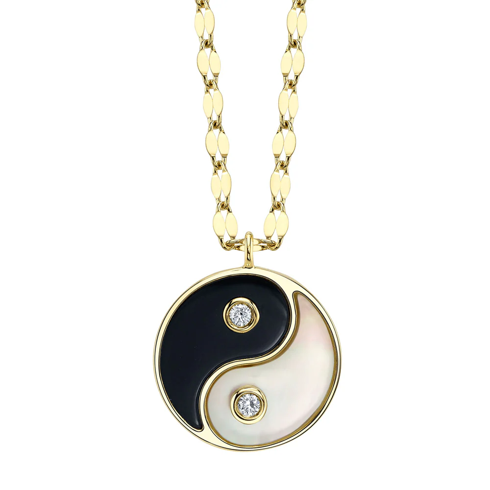 Diamond Yin Yang Necklace 14K Gold Mother of Pearl Black Onyx 1.40CTW Natural0