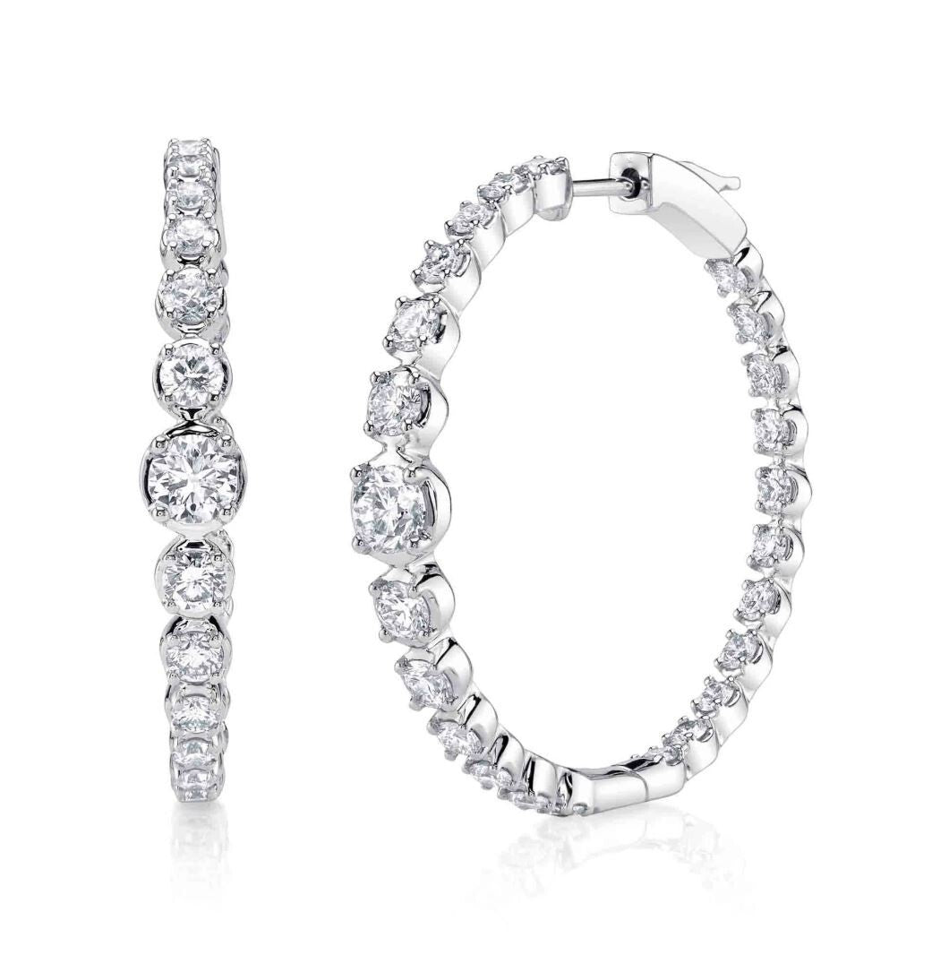 Diamond Hoop Earrings 14K White Gold Inside Out 3.66CT Natural 1.40 Diameter0