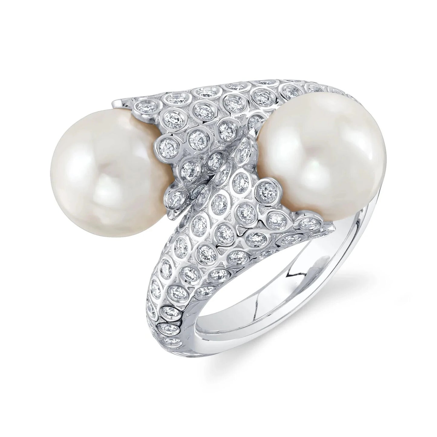 14K White Gold Pearl Diamond Ring 1.00 CTW Cocktail Bypass Right Hand0