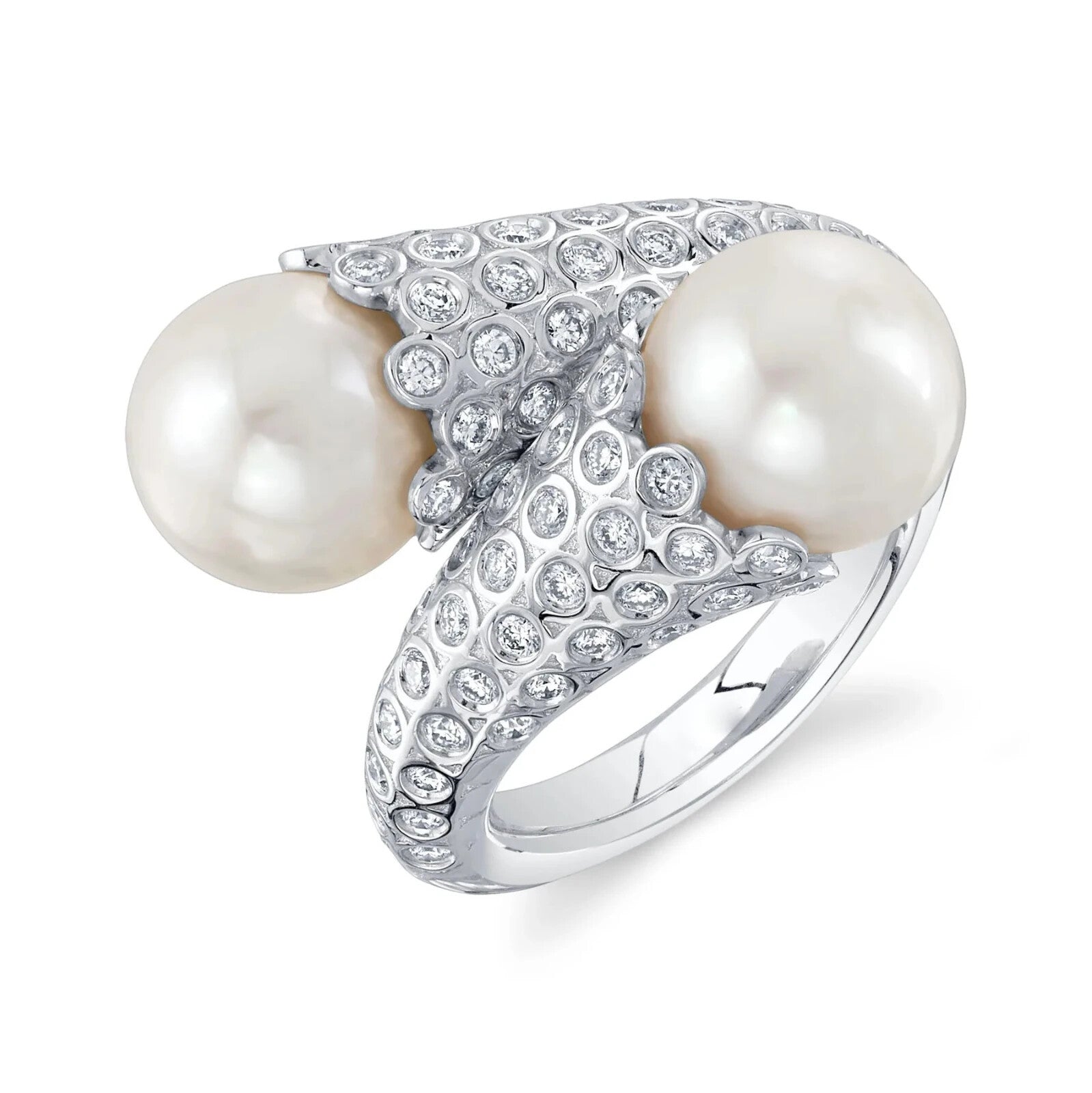 14K White Gold Pearl Diamond Ring 1.00 CTW Cocktail Bypass Right Hand0
