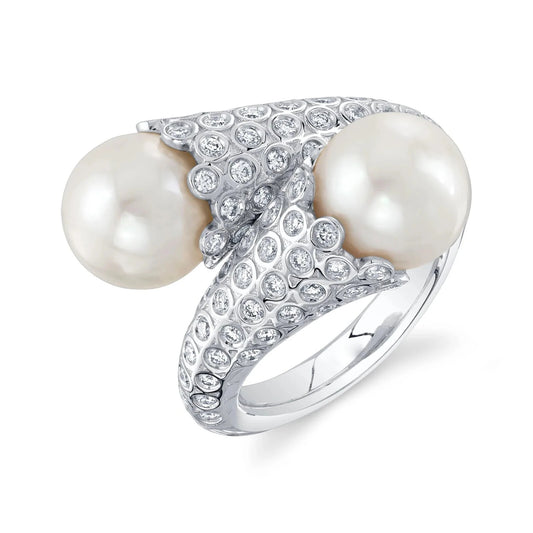 14K White Gold Pearl Diamond Ring 1.00 CTW Cocktail Bypass Right Hand0
