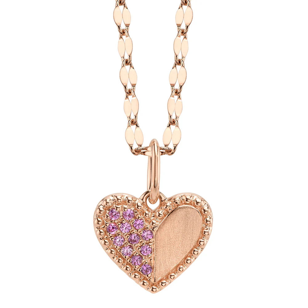 Pink Sapphire Heart Pendant Necklace 14K Rose Gold Matte’ Finish Natural 0.08CT0