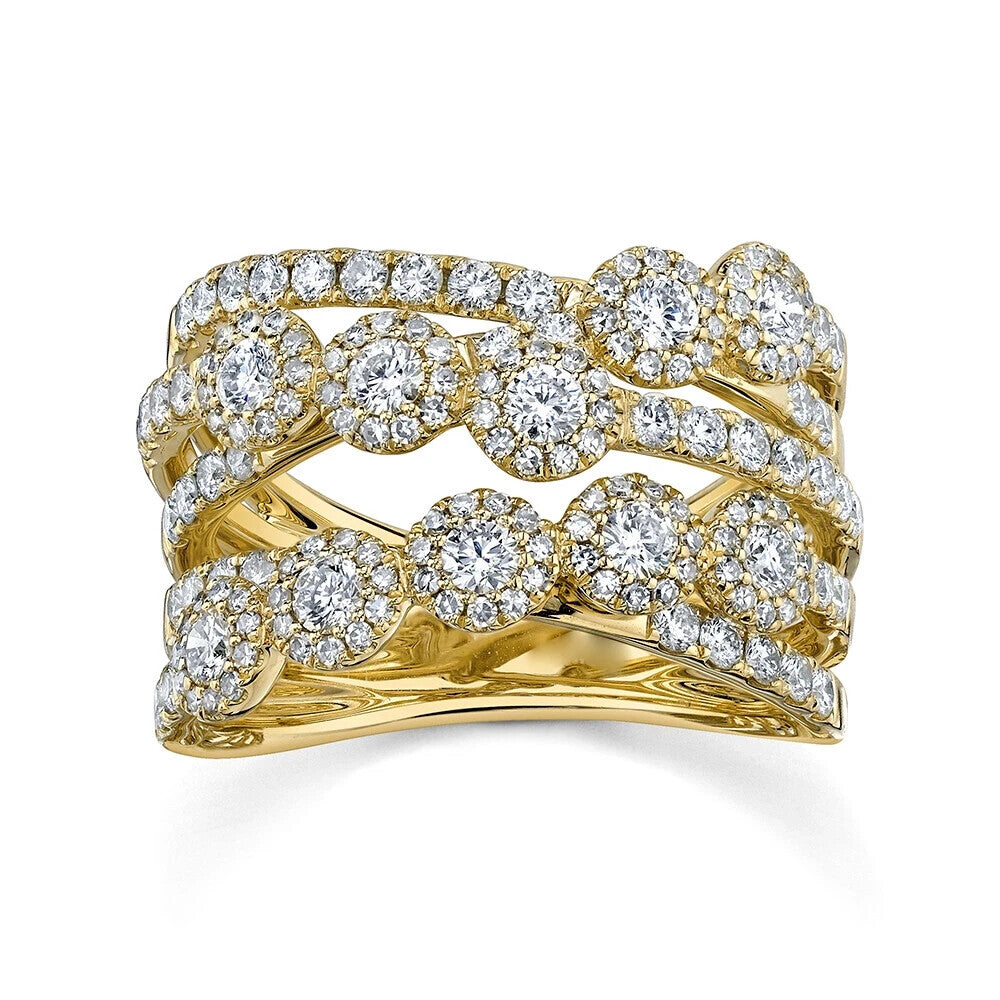 Diamond Crossover Crisscross X Ring 14K Yellow Gold Bridge Multi Row Cocktail0