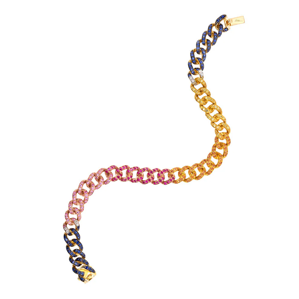 Gemstone Diamond Rainbow Curb Chain Link Bracelet 14K Gold Natural Multicolor1