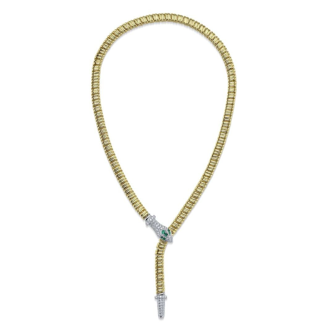 Diamond Snake Necklace 14K Yellow Gold Ribbed Emerald Eyes 1.10 CTW Natural0