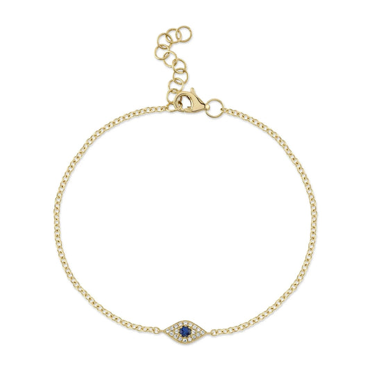 14K Yellow Gold Sapphire Diamond Evil Eye Bracelet Natural 0.10 TCW Round Cut0