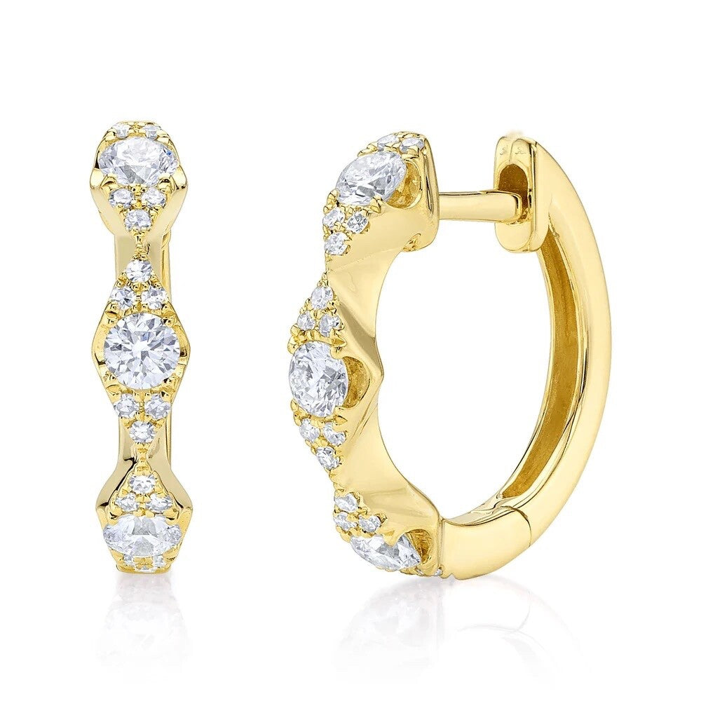 14K Yellow Gold Diamond Scallop Huggie Earrings 0.40 CT Natural Round Cut0