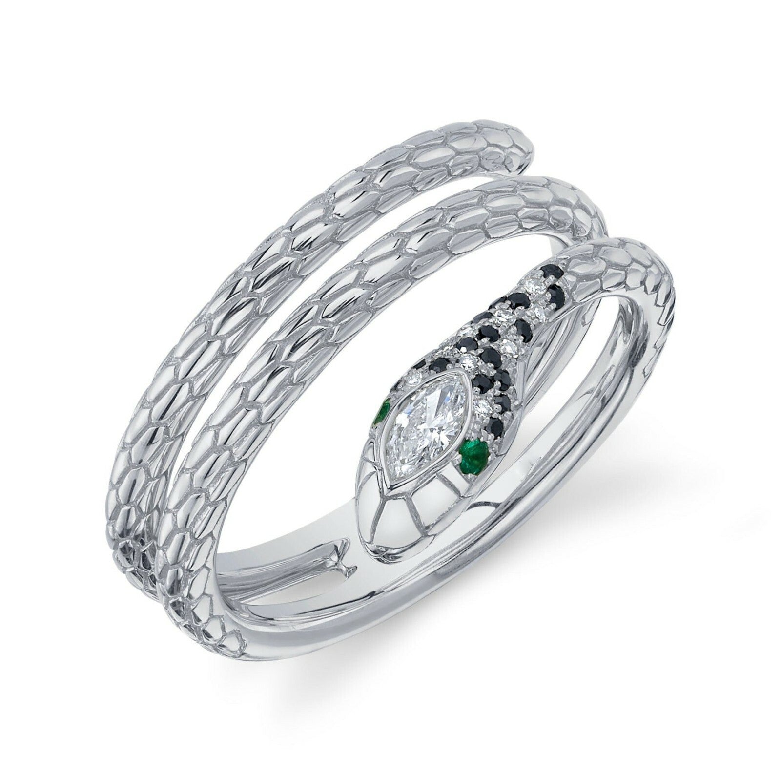 Diamond Snake Ring 14K White Gold Wrap Swirl Emerald Black White Marquise0
