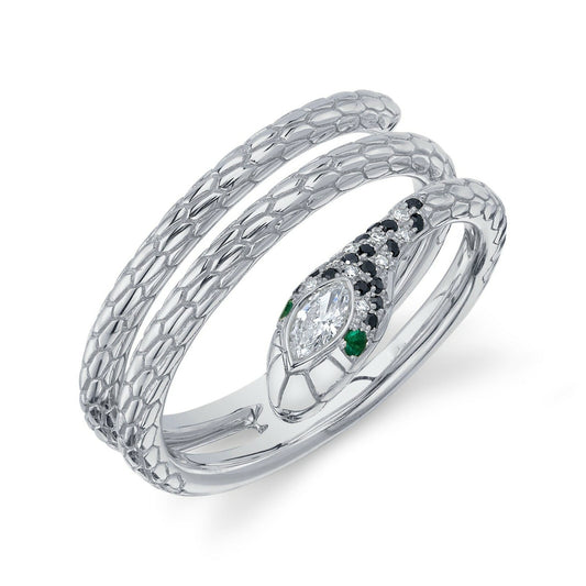 Diamond Snake Ring 14K White Gold Wrap Swirl Emerald Black White Marquise0