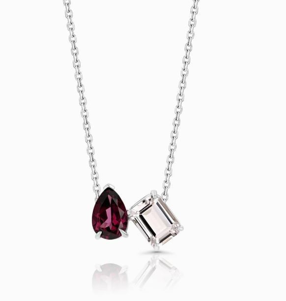 Rhodolite Garnet Morganite Toi et Moi You And Me 14K White Gold Necklace Natural0