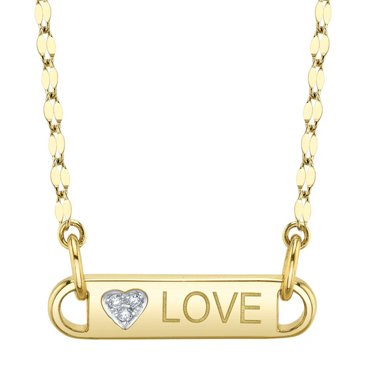 Diamond Heart Love ID Charm Pendant Necklace 14K Yellow Gold Bar0