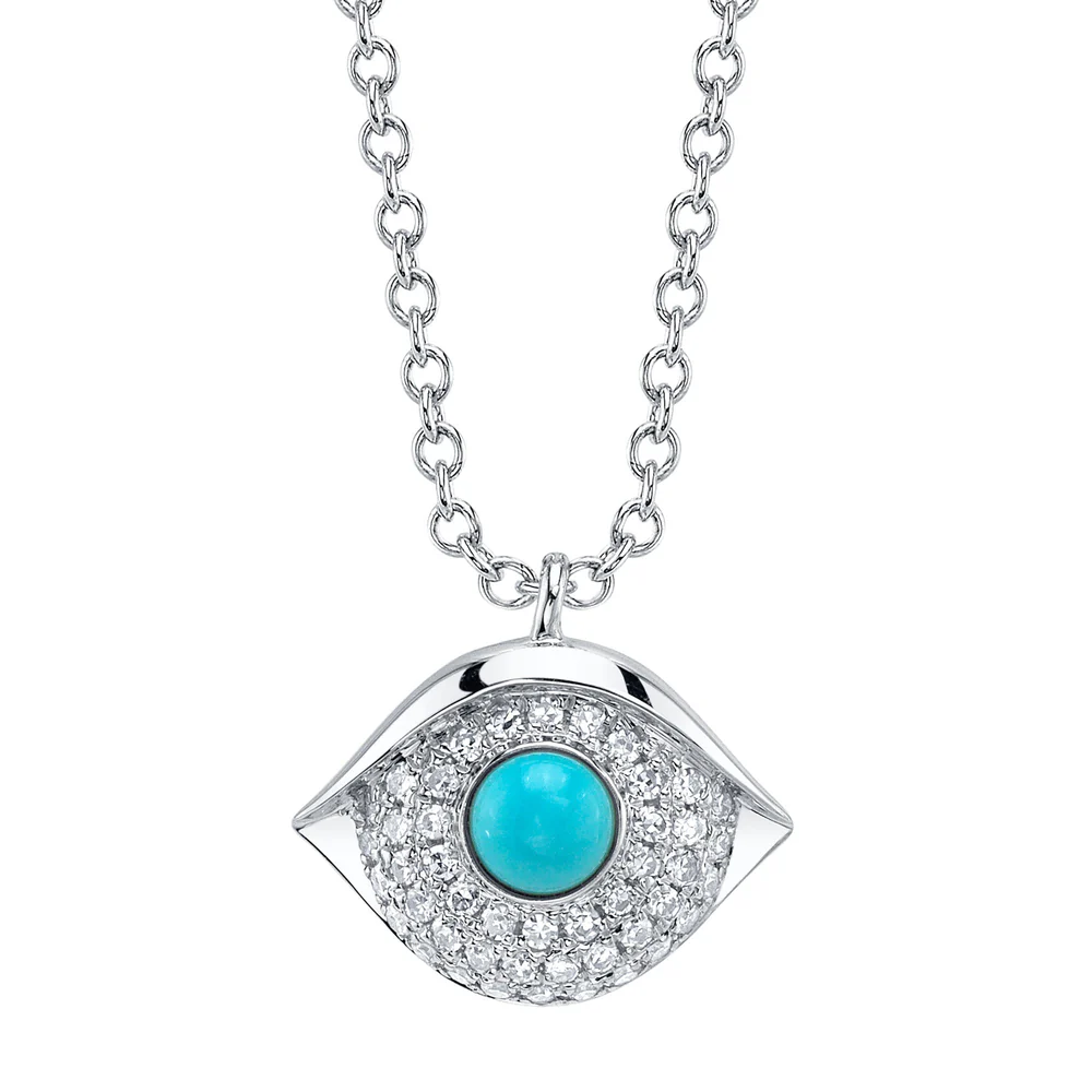 Evil Eye Diamond Turquoise Necklace 14K White Gold All Seeing Charm Pendant0