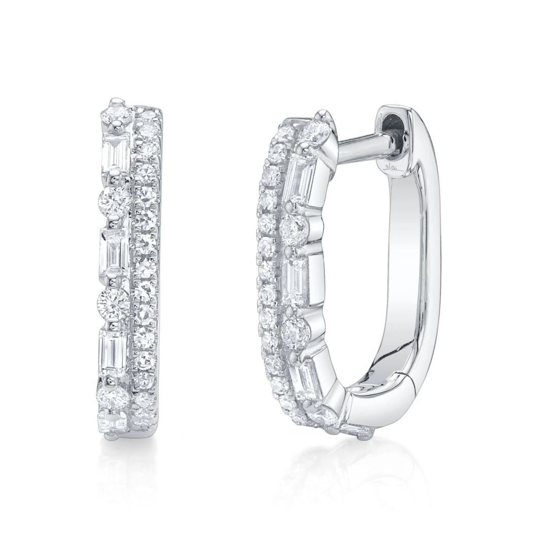 Baguette Diamond Huggie Earrings 14K White Gold Oval Rectangular 0.30CT Natural0