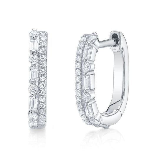 Baguette Diamond Huggie Earrings 14K White Gold Oval Rectangular 0.30CT Natural0