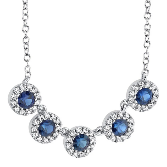 Blue Sapphire Diamond Necklace 14K White Gold 5 Stone Station Pendant 0.65TCW0