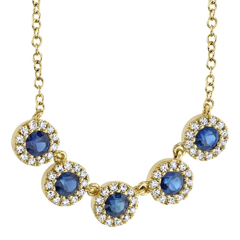 Blue Sapphire Diamond Necklace 14K Yellow Gold 5 Stone Station Pendant 0.65TCW2