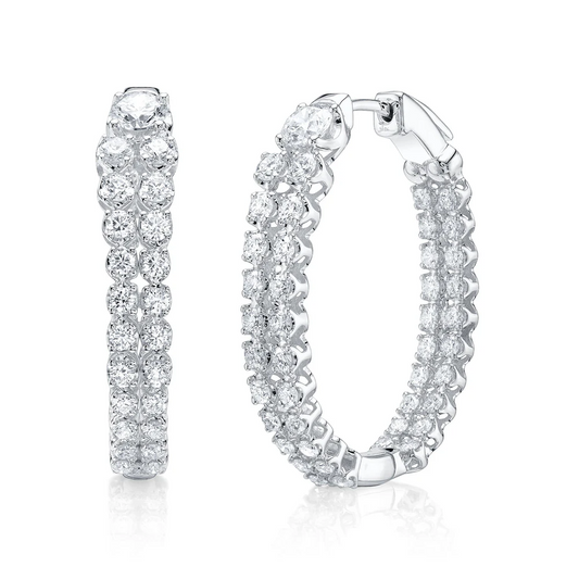 Diamond Inside Out Hoop Earrings 2 Row 14K White Gold Natural Crown Set 3.10 CTW0