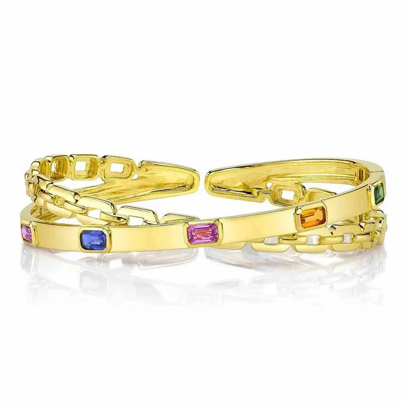 Gemstone Rainbow Bangle Bracelet 14K Yellow Gold Multicolor Crossover X Link0