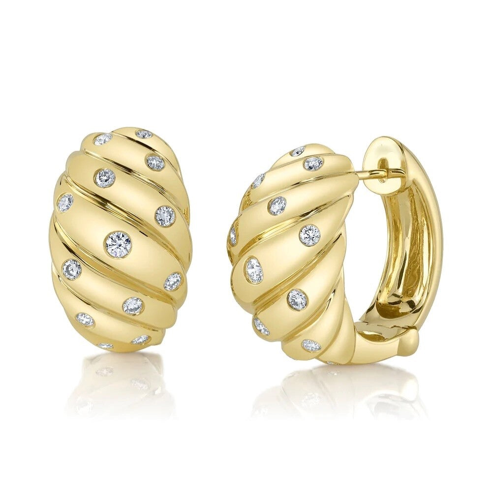 Diamond Hoop Earrings Ribbed 14K Yellow Gold Bezel Set Natural Round Cut 0.54CT0