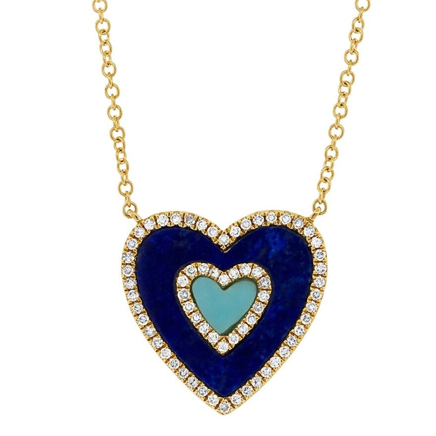 Turquoise Lapis Diamond Heart Pendant Necklace 14K Yellow Gold Natural 1.13 CTW0