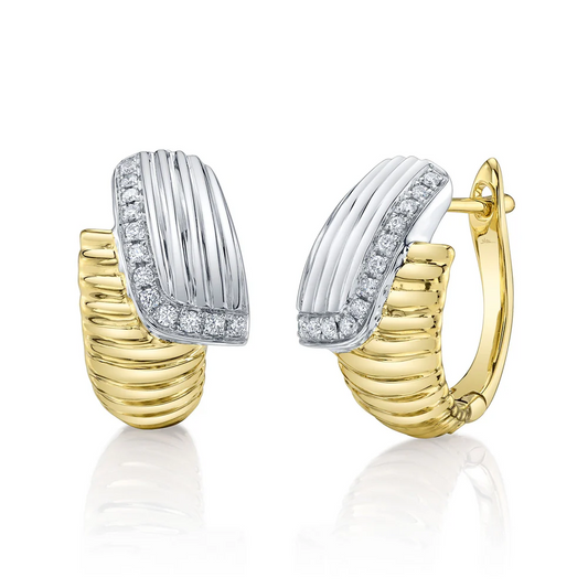 Diamond Ribbed Fluted Hoop Earrings 14K Gold Natural Certified0