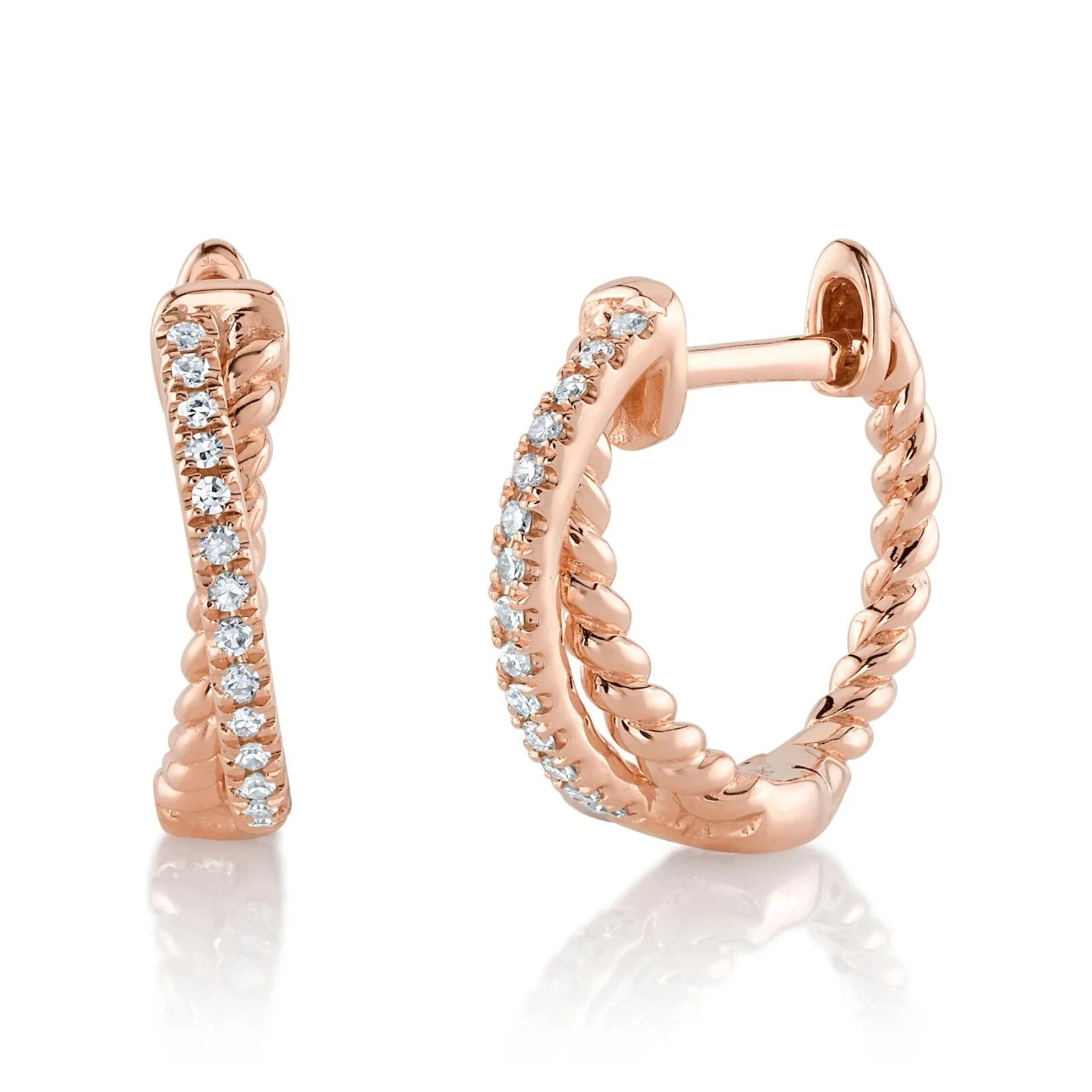 14K Rose Gold Diamond Huggie Earrings Crossover X Huggy Hoops 0.06 CT Natural0
