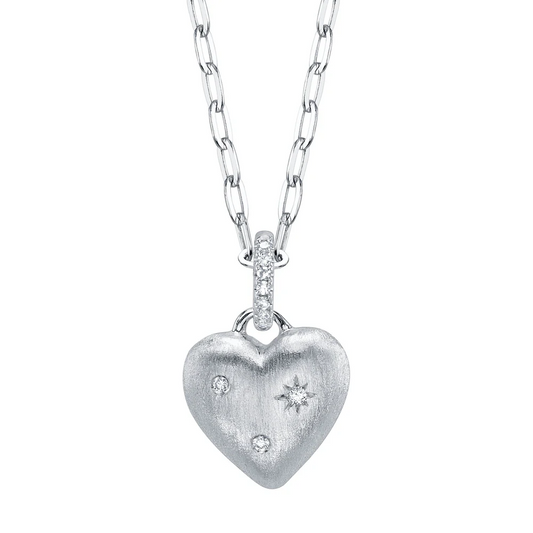 Diamond Heart Star Necklace 14K White Gold Matte Puffy Charm Natural  0.04CT0