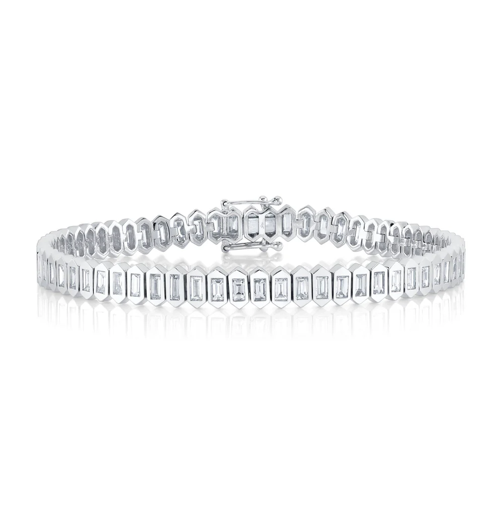 14K White Gold Baguette Diamond Tennis Bracelet Hexagon Bezel Natural 3.24CT0