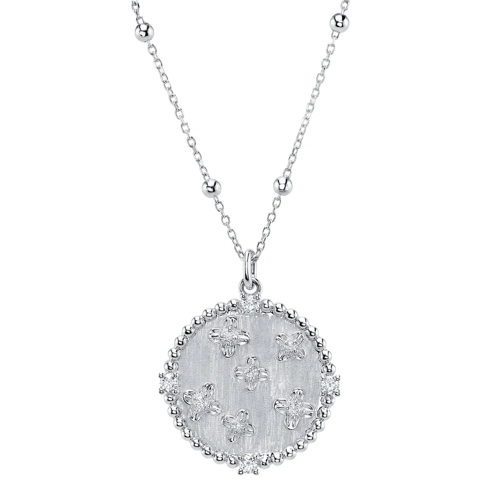 Diamond Circle Disc Flower Necklace 14K White Gold Matte Finish Natural 0.12CT0